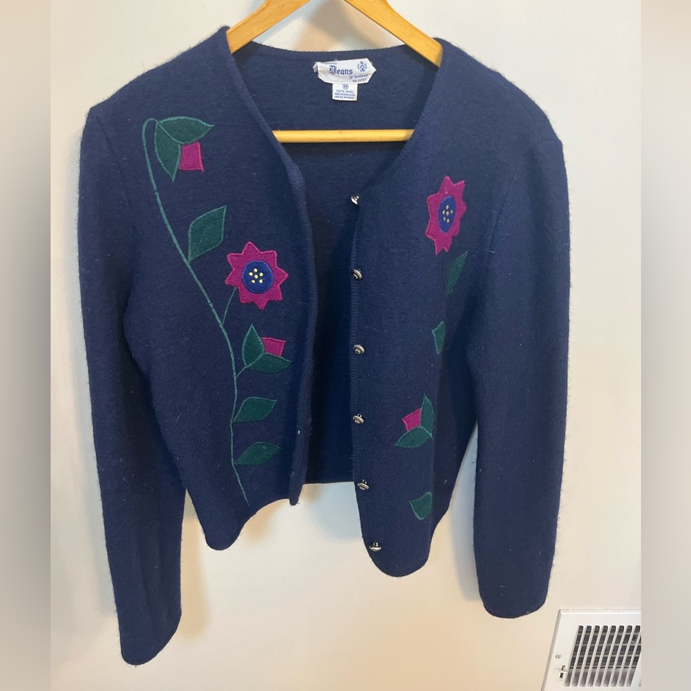 Navy Floral Appliqué Cardigan Sweater